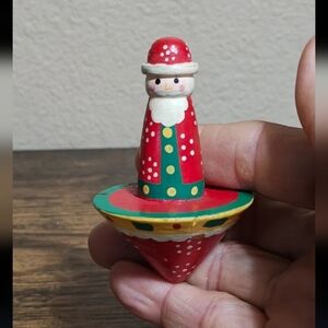 1970s Vintage Folk Art Hand Painted Santa Wooden Spinning Top Toy